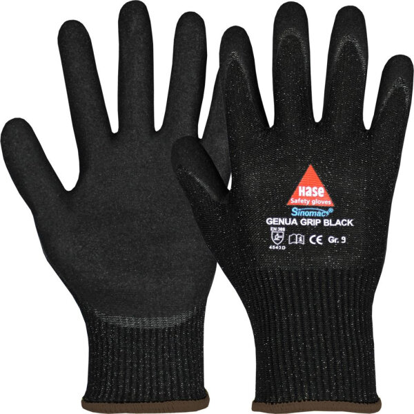 Hase GENUA GRIP BLACK, Montagehandschuh schnittfest Level D, Sinomac® / Nitrilschaum, Größe 7-11, Kat. II, EN 388, OEKO-TEX®