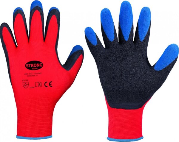 STRONGHAND® Montagehandschuh *TIP GRIP*, Polyester / Schrumpflatex, rot / schwarz / blau,  Gr. 8 - 11