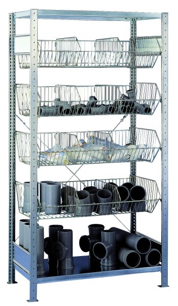 Schulte Lagertechnik Grundregal, Drahtgitterkorbregal MULTIplus150, verzinkt, 2 Fachböden, 4 Stück Drahtgitterkörbe