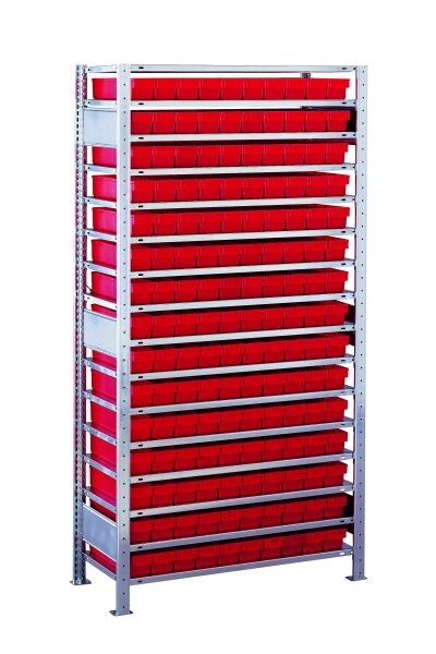 Schulte Lagertechnik Grundregal, Kleinteileregal-Set 1 MULTIplus150 , verzinkt, 16 Fachböden, 150 Regalkästen (83x93x300 mm) rot