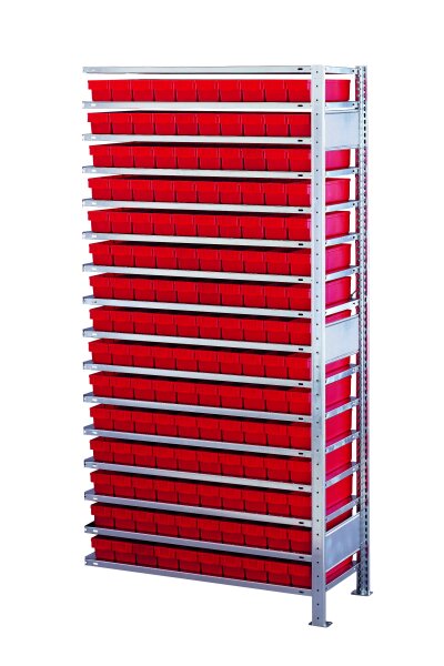 Schulte Lagertechnik Anbauregal, Kleinteileregal-Set 1 MULTIplus150 , verzinkt, 16 Fachböden, 150 Regalkästen (83x93x300 mm) rot