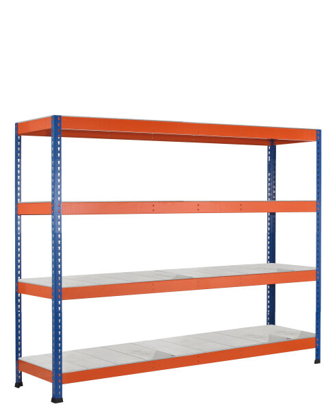 Schulte Lagertechnik Weitspannregal Z1 mit Stahlpaneelen, blau/orange/verzinkt, 4 Ebenen